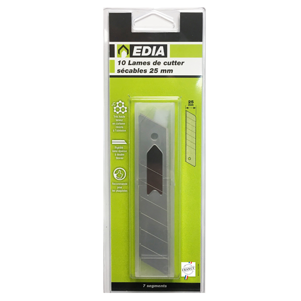 Lame biseautée sécable pour cutter - Edia - Largeur 25 mm - Lot de 10 avec étui distributeur