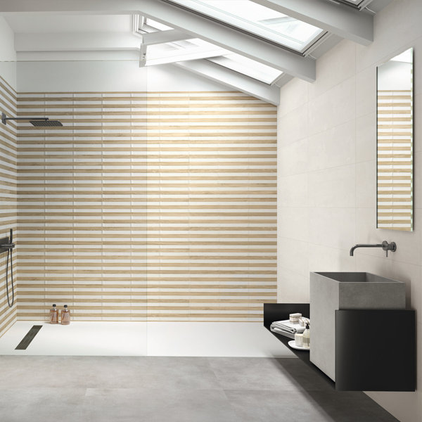 Faïence murale rectifiée effet bois et béton coffré Screen - 30,0 cm x 90,0 cm - ép. 10,30 mm - White mat