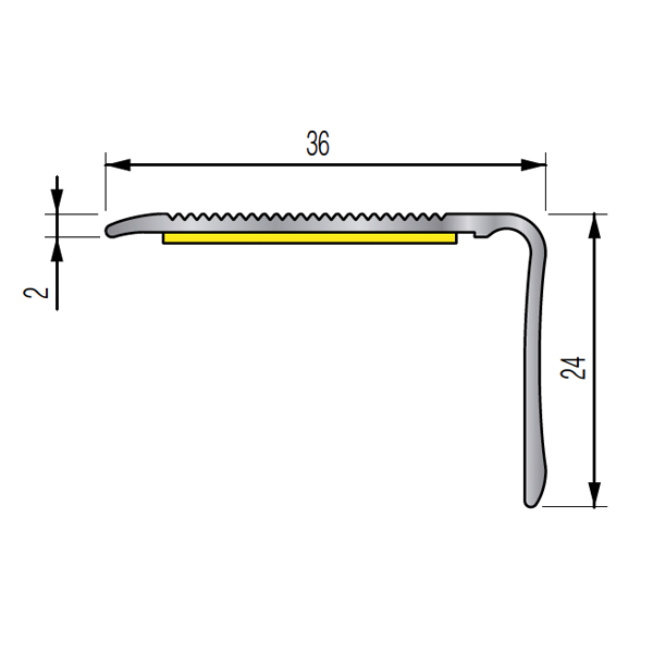 Nez de marche strié adhésif Dinac 6VA en Aluminium Naturel - 36 MM x 24,0 MM - 1,10 M