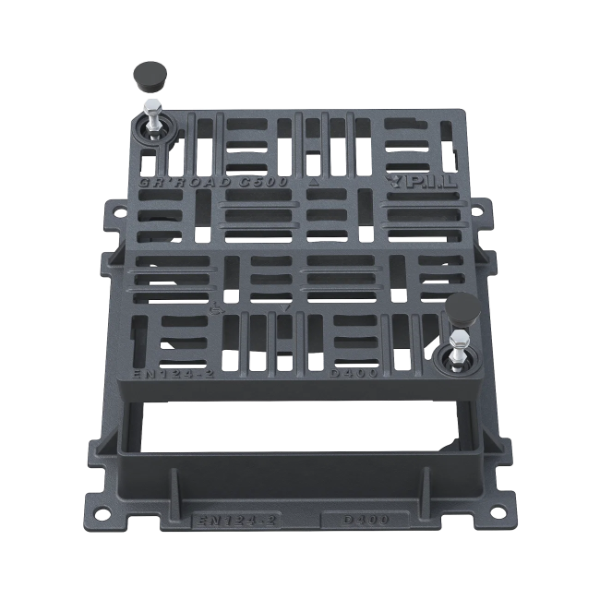 Grille carrée concave verrouillée en fonte PMR D400 avec cadre - ouverture libre 600,0 mm x 600,0 mm