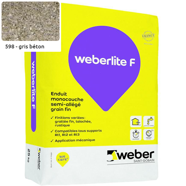 Enduit monocouche semi-allégé et coloré à grain fin WeberLite F 598 Gris béton - sac de 25 KG