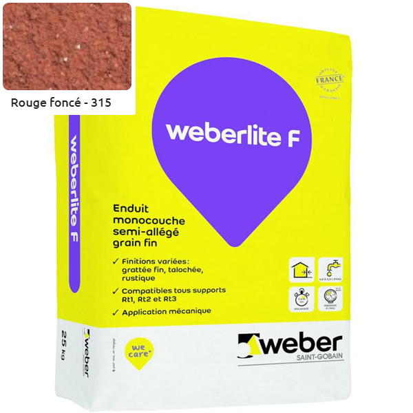 Enduit monocouche semi-allégé et coloré à grain fin WeberLite F 315 Rouge foncé - sac de 25 KG