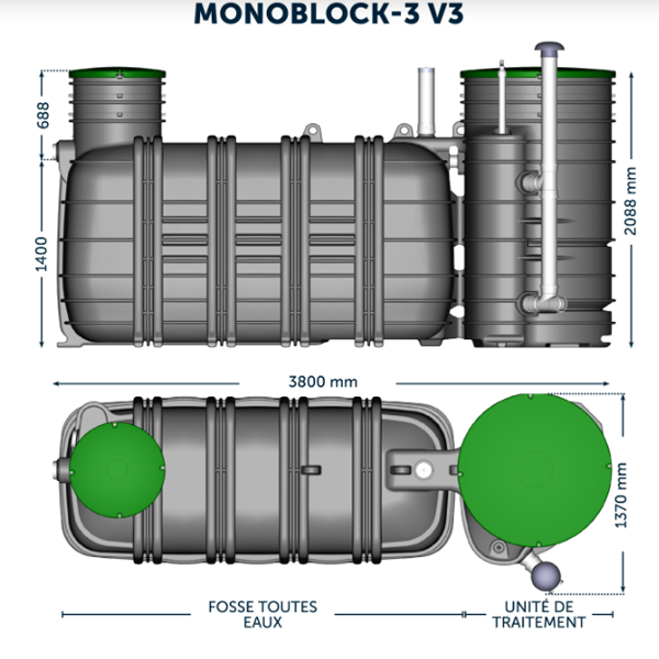 Fosse toutes eaux - Monoblock-3-5 V3 Biorock - sortie gravitaire - Capacité 5 E.H - 3000L