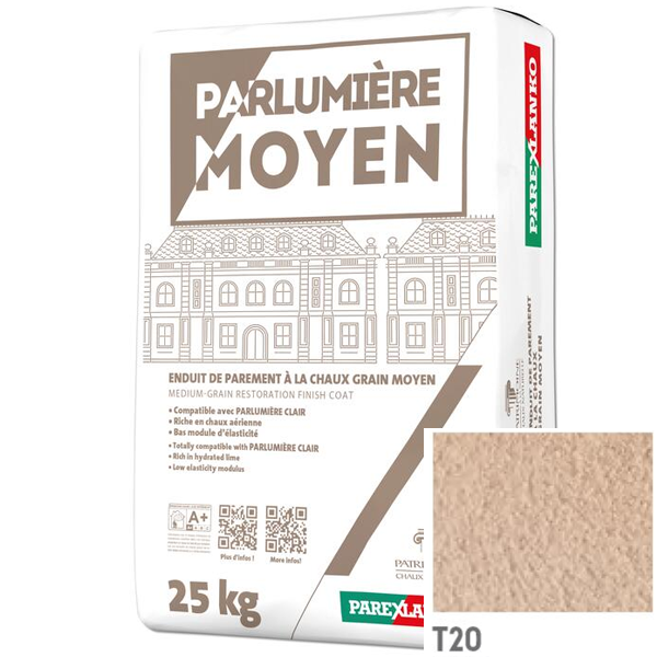 Enduit de parement à la chaux à grain moyen Parexlanko Parlumière - T20 Sable clair - Sac de 25 KG
