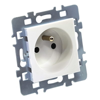Prise 2 pôles + terre - Cache blanc + Support métal - 48 x 48 x 40 mm - ABS - Blanc Brillant