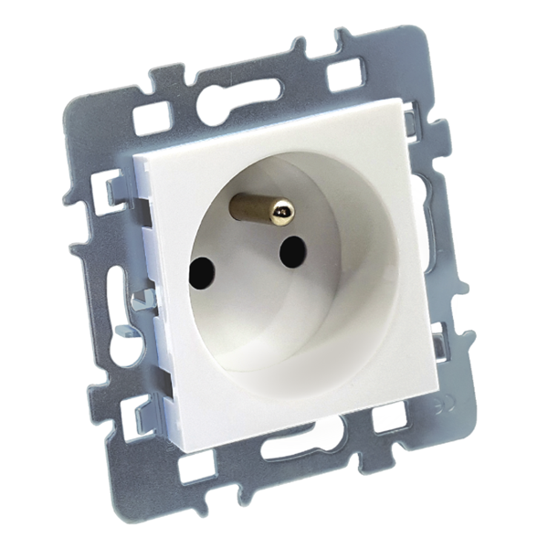 Prise 2 pôles + terre - Cache blanc + Support métal - 48 x 48 x 40 mm - ABS - Blanc Brillant