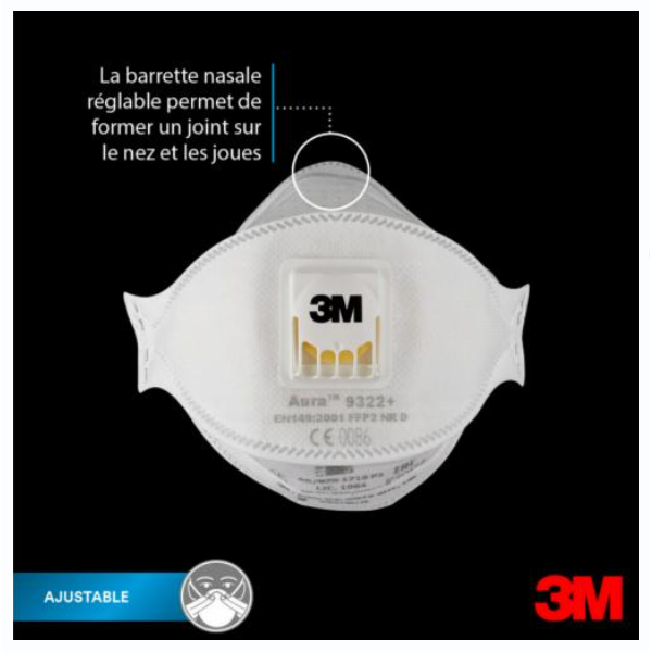 Masque de protection FFP2 pliable 3M Aura 9322+ antipoussière de ponçage -  avec soupape - lot de 10
