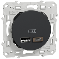 Prise USB double Schneider Odace à encastrer - type A+C - avec support de fixation à visser - Anthracite - 2,4A 12W