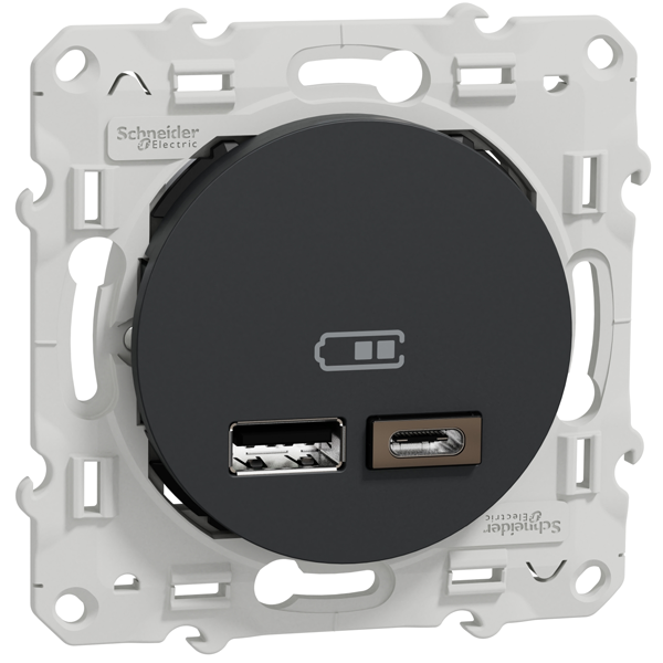 Prise USB double Schneider Odace à encastrer - type A+C - avec support de fixation à visser - Anthracite - 2,4A 12W