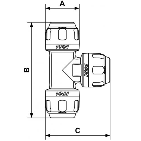 Té égal Prevost PPS1 TE16 aluminium pour tube d'air comprimé de diamètre extérieur 16 mm - 0 à 16 bar