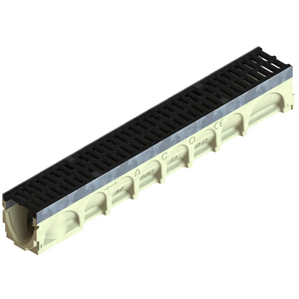 CANIVEAU BETON/POLYESTER 100MM GRILLE FONTE VERROUILLABLE C250 L1M