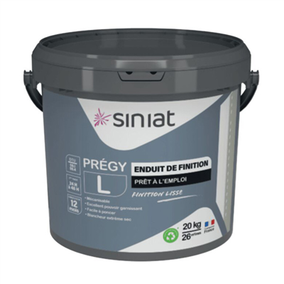 Enduit de finition prêt à l'emploi pour murs et plafonds - Prégy L Siniat - finition lisse et blancheur extrême - seau de 20,0 KG