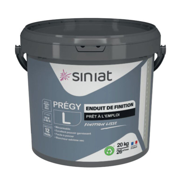 Enduit de finition prêt à l'emploi pour murs et plafonds - Prégy L Siniat - finition lisse et blancheur extrême - seau de 20,0 KG