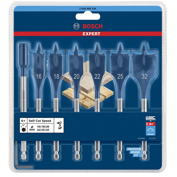 Coffret de 6 mèches à bois plates Expert SelfCut Speed - 6 pans 1/4 " - 16 à 32 mm avec rallonge