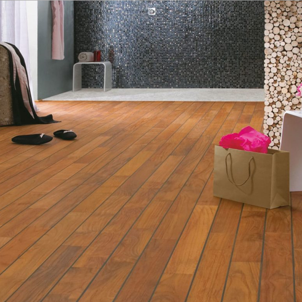 Parquet salle de bain Teck Navylam + pré-huilé - double joint intégré - larg. 88 MM - ép. 9,00 MM - long. variable