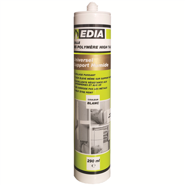 Mastic colle MS polymère High tack Edia spécial support humide cartouche 290ml couleur blanc