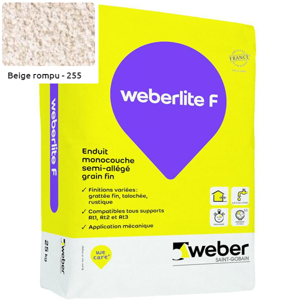 Enduit monocouche semi-allégé et coloré à grain fin WeberLite F 255 Beige rompu - sac de 25 KG