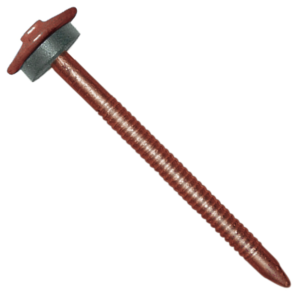 Clou galvanisé à pointe annelée avec rondelle pour tuile de rive - brun rouge RAL 8012 - 3,7x65mm - seau de 100