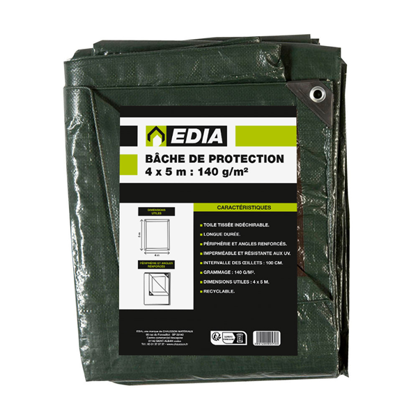Bâche de protection multi-usages imperméable verte - Edia - 140 g