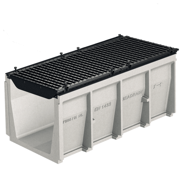 Caniveau en béton polymère MEADRAIN ENS 4000 avec feuillures fonte et grille fonte D400 - Largeur 400,0 mm - Longueur 1 m