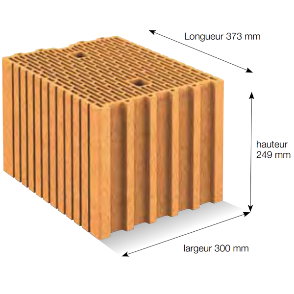 Brique Monomur rectifiée isolante Porotherm R30 - RC 70 - R = 2,54 m².K/W - 373,0 MM x 300 MM x 249,0 MM