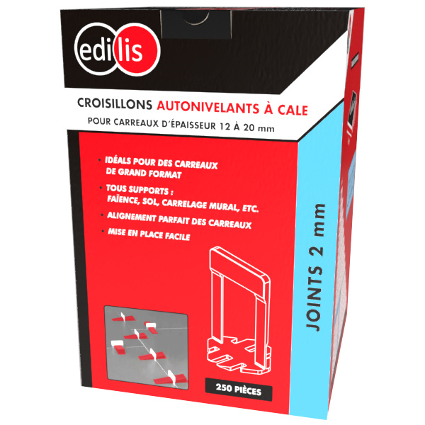 Croisillon autonivelant à cale Edilis pour carrelage grand format de 12 à 20 MM d'épaisseur - joint de 2 MM - 250 pièces