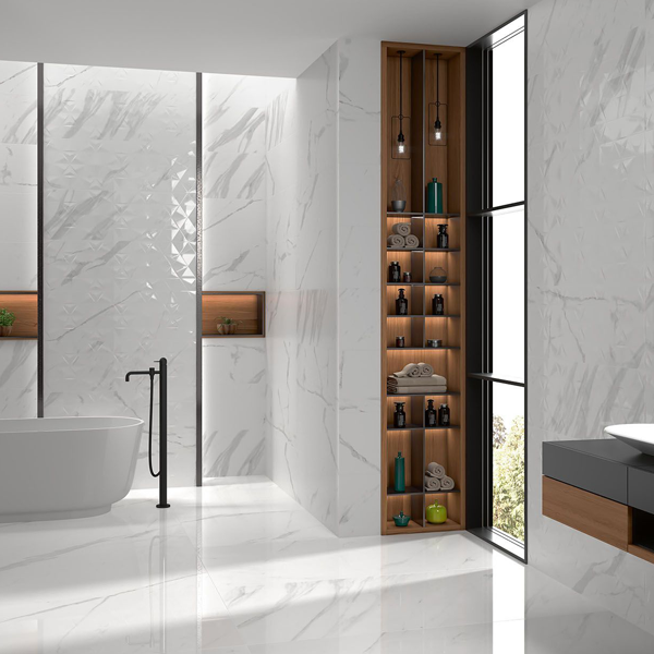 Faïence murale effet marbre avec décor géométrique - Baggio - 33,3 CM x 100,0 CM - ép. 7,00 MM - Blanc Brillant