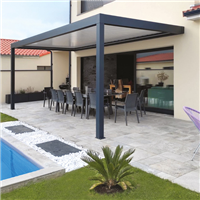 Pergola bioclimatique adossée rectangulaire Alusun - lames perpendiculaires orientables - gris anthracite - 4,00 M x 3,60 M