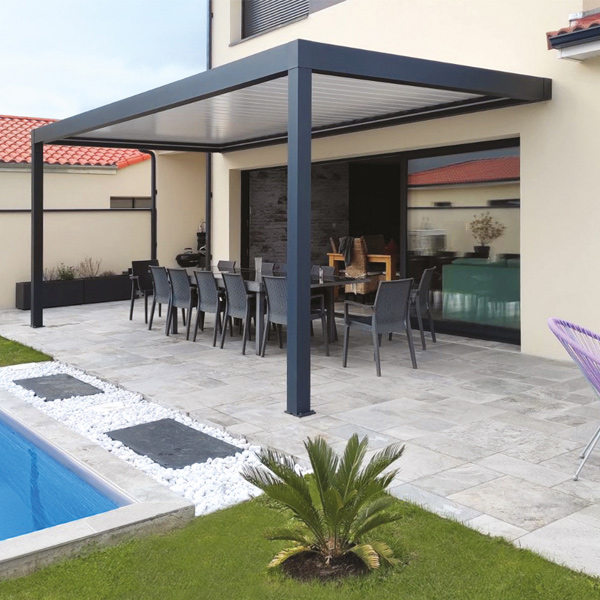 Pergola bioclimatique adossée rectangulaire Alusun - lames parallèles orientables - gris anthracite - 3,60 M x 3,00 M