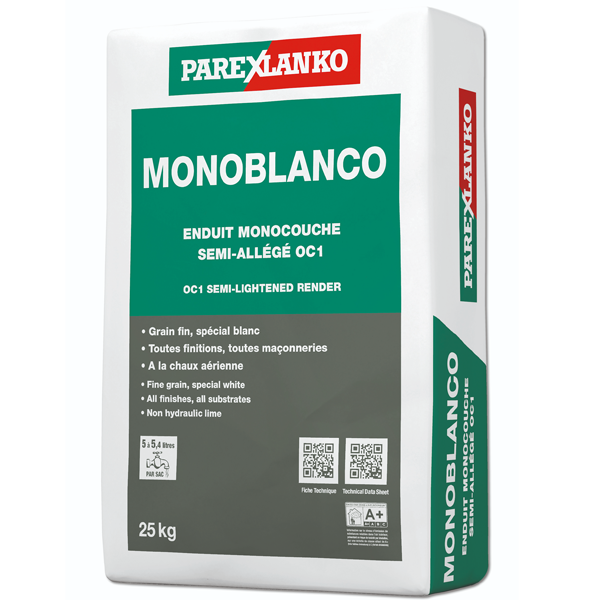 Enduit monocouche semi-allégé OC1 - Monoblanco Parex - Spécial blanc grain fin - Sac de 25,0 KG