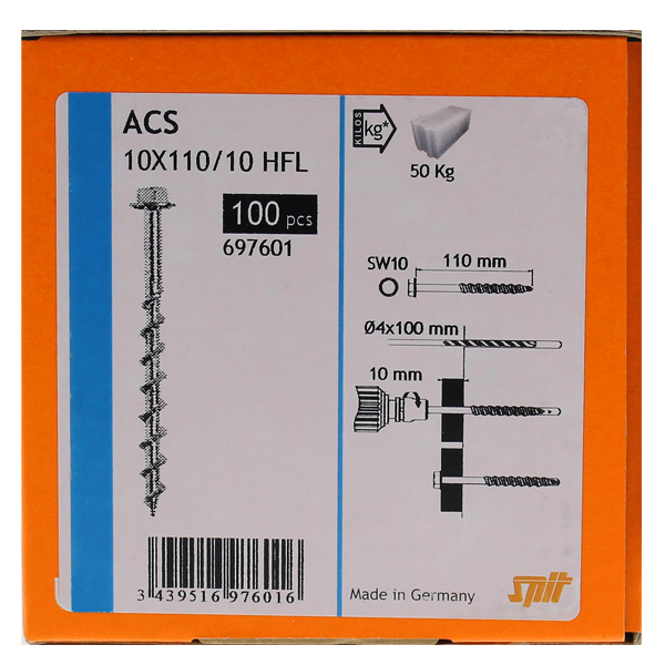 Vis à béton cellulaire à tête hexagonale Spit ACS HFL - 4 x 110 mm - boîte de 100