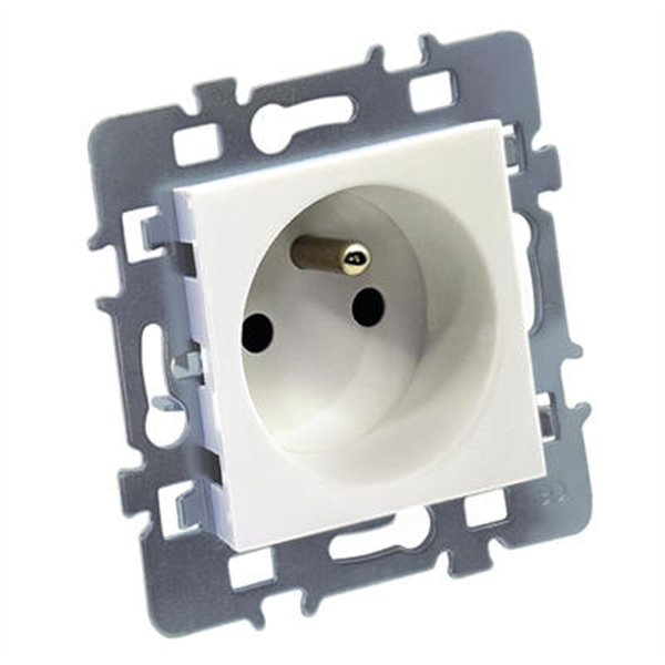 Prise 2 pôles + terre - Cache blanc + Support métal - 48 x 48 x 40 mm - ABS - Blanc Brillant