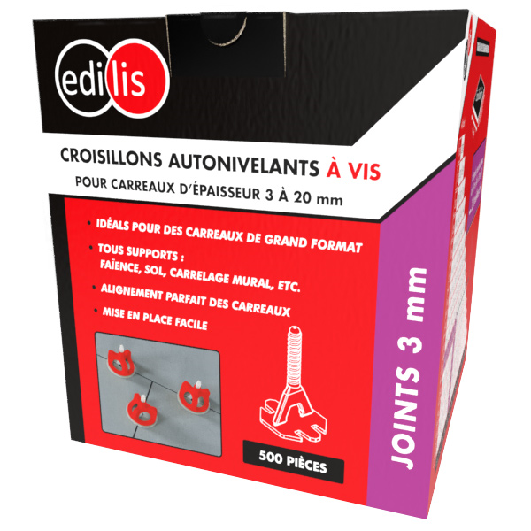 Croisillon autonivelant à vis pour carreaux d'épaisseur 3 à 20 mm - Edilis - joint de 3 MM - Boîte de 500
