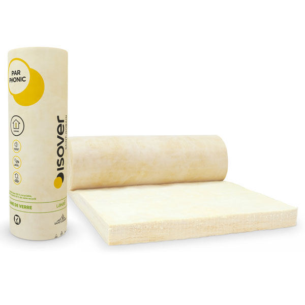 Rouleau laine de verre acoustique pour cloisons - Par Phonic Isover - R=1,75 m².K/W - 2 lés de 5,00 M x 0,60 M - ép. 70 MM