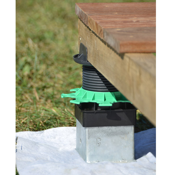 Plot réglable sur pieu métallique Jouplast Elevo pour terrasse en lambourde bois - hauteur 43 à 138 mm