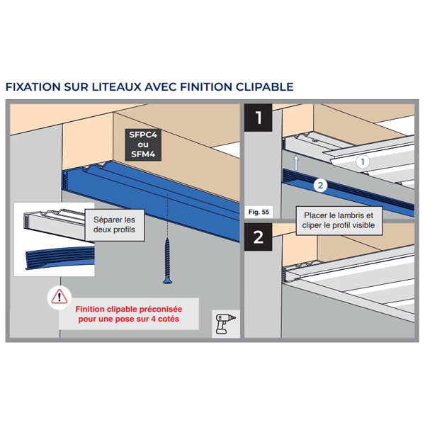 Profilé de finition mouluré pour lambris sous toiture PVC blanc - Clipsable en 2 parties - Fixation sur liteaux - Longueur 4,00 M