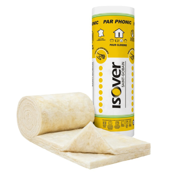Rouleau laine de verre acoustique pour cloisons - Par Phonic Isover - R=1,10 m².K/W - 2 lés de 6,50 M x 0,60 M - ép. 45 MM