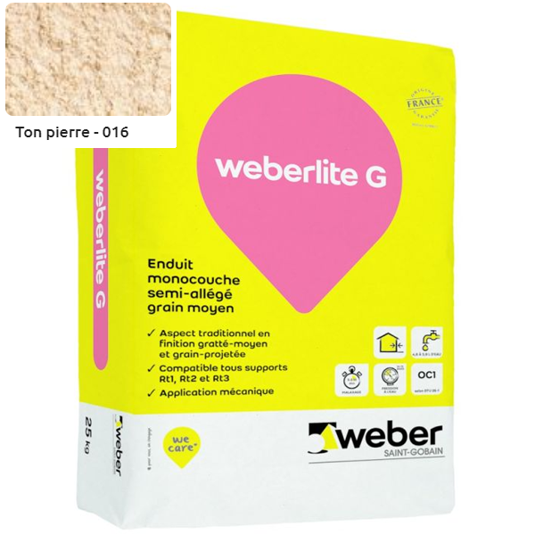 Enduit monocouche semi-allégé et coloré à grain moyen WeberLite G 016 Ton pierre - sac de 25 KG