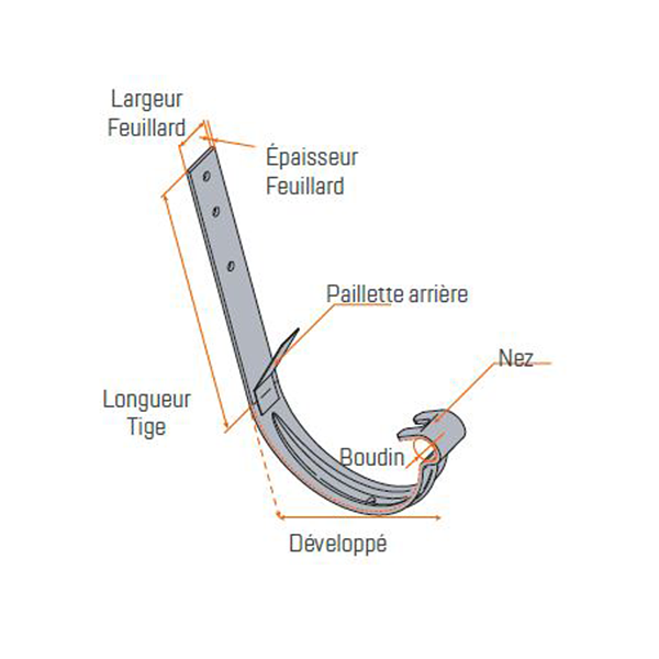 Crochet Rouen pour gouttière demi-ronde - Pose sur chevron - Développé 25 cm - Tige 17 cm