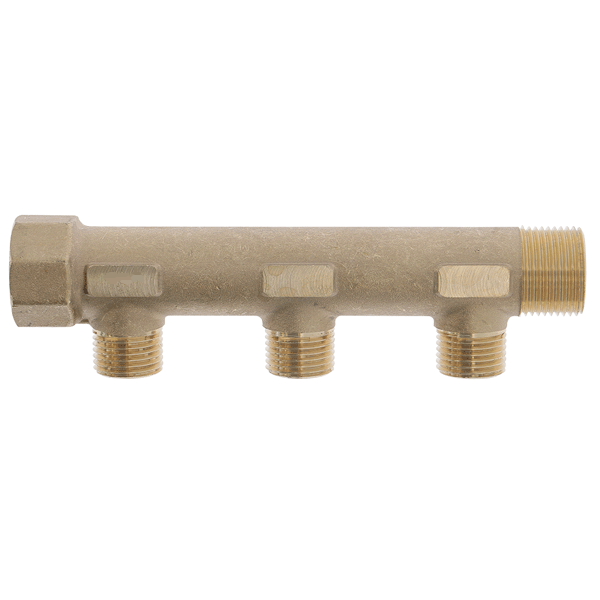Collecteur sanitaire laiton mâle/femelle 20 x 27 avec 3 sorties mâles 15 x 21 à portée plate - 6 bar maxi