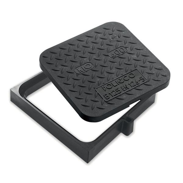 Tampon de regard composite carré avec cadre lisse - KIO 400 B125 - 360,0 mm x 360,0 mm