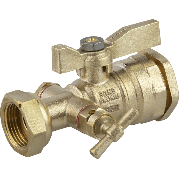 Robinet d'arrêt droit en laiton 4MS pour compteur d'eau - purge 1/4" et écrou prisonnier 3/4" - pour tube PE Ø25
