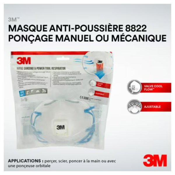 Masque de protection FFP2 à coque 3M 8822 antipoussière de ponçage -  avec soupape - lot de 3