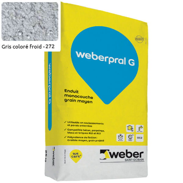 Enduit monocouche lourd et coloré à grain moyen WeberPral G 272 Gris coloré froid - sac de 25 KG