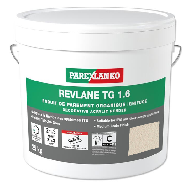 Enduit de parement organique ignifugé pour façades - Revlane TG 1.6 Parexlanko - G10 Blanc lumière - Seau de 25 KG