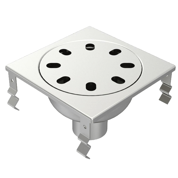 Siphon de douche en inox sans vis d'inviolabilité - cloche avec garde d'eau de 50 mm - 200 x 200 mm - sortie verticale 63 mm