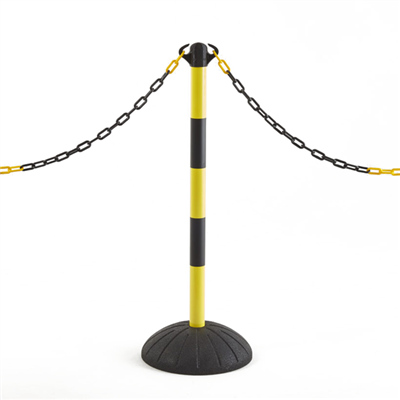 Potelet professionnel et socle caoutchouc Mottez - Hauteur 1M - Socle noir - Poteau jaune et noir