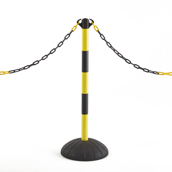 Potelet professionnel et socle caoutchouc Mottez - Hauteur 1M - Socle noir - Poteau jaune et noir