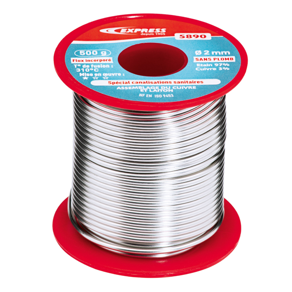 Bobine de soudure étain spéciale plomberie sanitaire 97% étain 3% cuivre - Ø 2 mm - 500 gr