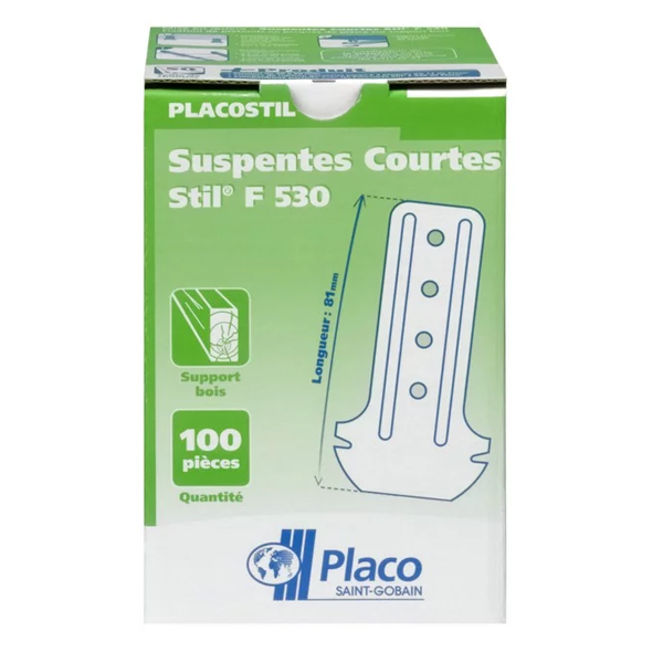 Suspente Courte Stil F530 pour plafond sur support bois - 81 mm x 43 mm - Boîte de 100
